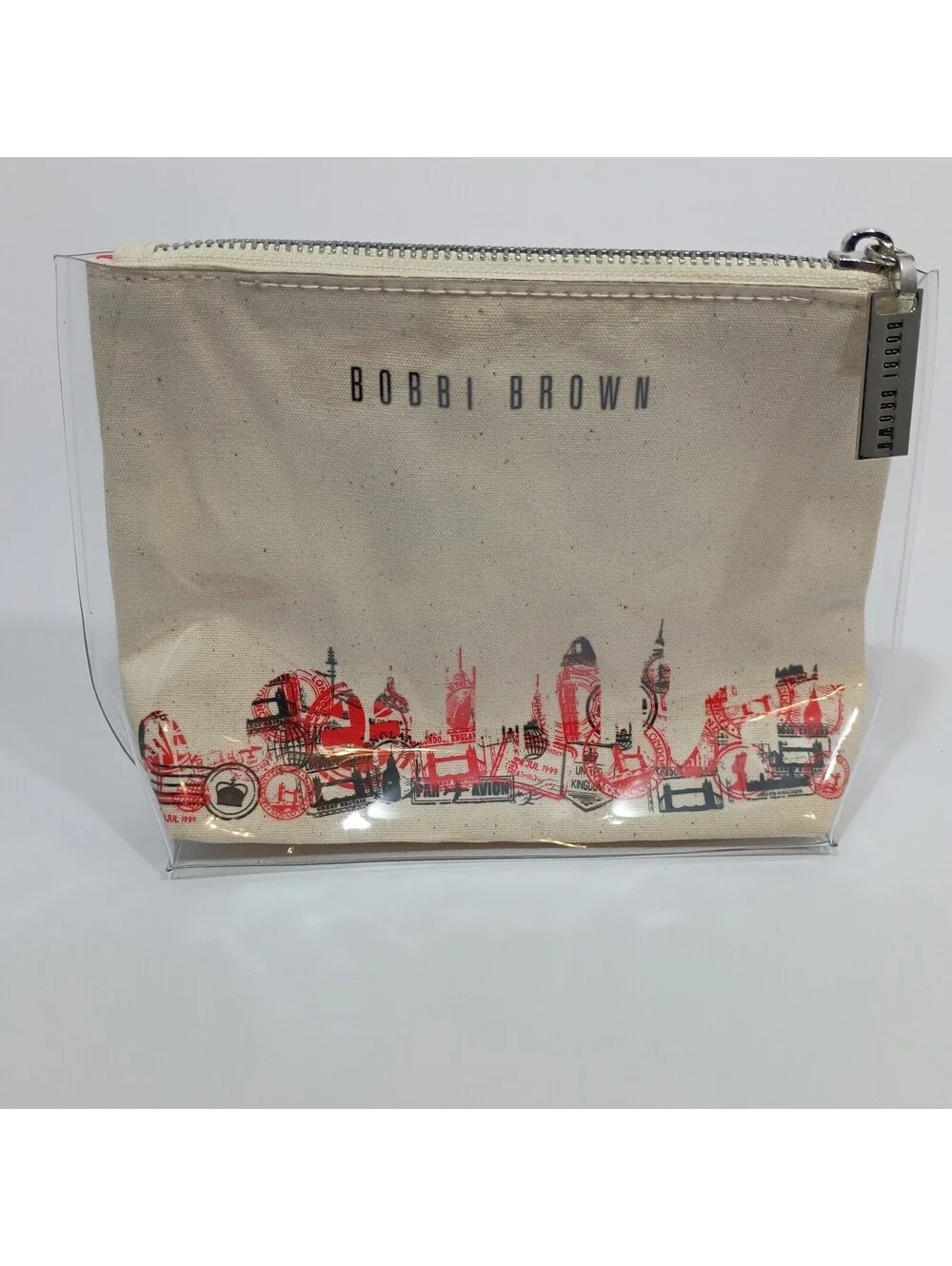 Bobbi Brown London Red and Natural Canvas Pvc Women Makeup Cosmetic Bag